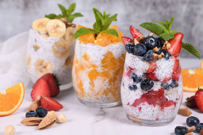 This chia pudding is made with yogurt and pieces of fruit and honey. 