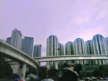 Low angle view of skyscrapers against clear sky