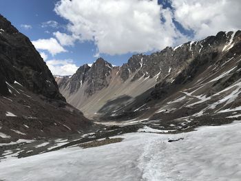 Scenic view of mountains against sky during winter