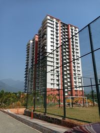 Low angle view of buildings against clear sky