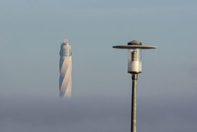 Close-up of a bird on pole against the sky