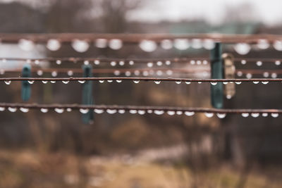 Clothes pins on wire. rope with pins and raindrops. laundry concept.