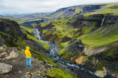 Rear view of man standing on mountain