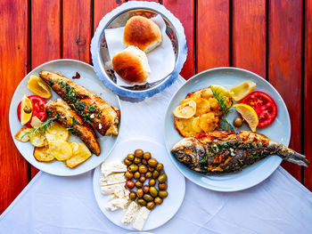 High angle view of breakfast served on table