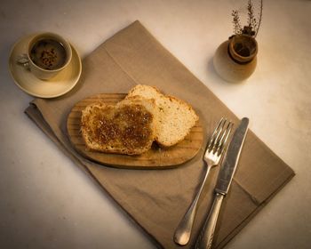 High angle view of breakfast on table