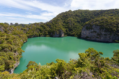 Scenic view of lake and trees against sky