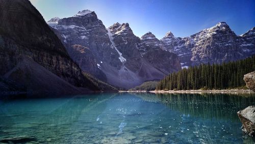 Scenic view of lake and snowcapped mountains against sky