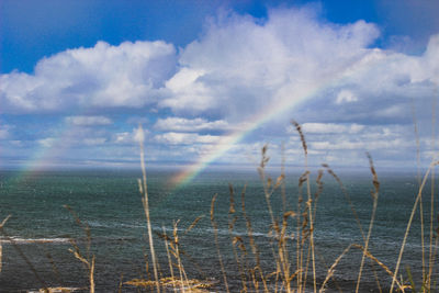 Scenic view of rainbow over sea against sky