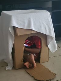 Low section of boy sitting in cardboard box