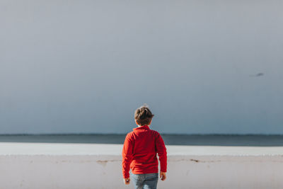 Rear view of boy standing on beach against clear sky