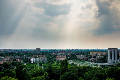 High angle view of buildings against sky