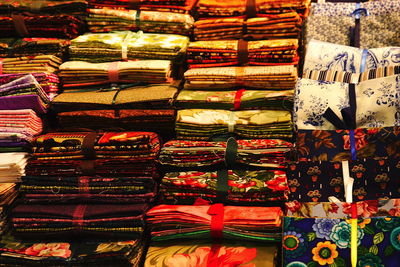 Full frame shot of multi colored fabrics for sale in shop