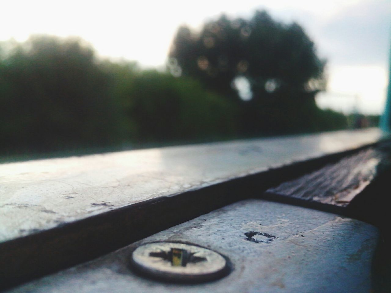 focus on foreground, close-up, selective focus, sunlight, tree, surface level, day, outdoors, metal, no people, nature, railing, sky, road, textured, wood - material, street, shadow, part of, tranquility