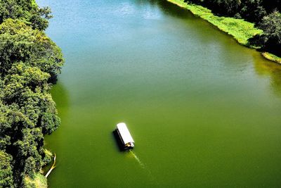 High angle view of boat sailing on river