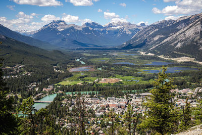 High angle view of townscape and mountains against sky