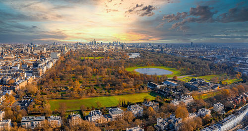 Beautiful aerial london view from above with the hyde park