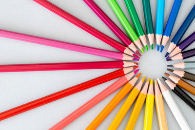 High angle view of multi colored pencils