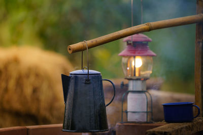 Antique coffee pot on the gas stove for camping when the sun rises in the morning.