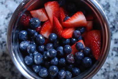 High angle view of raspberries in bowl