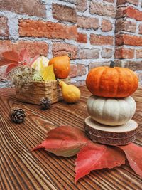 Close-up of pumpkins on wall