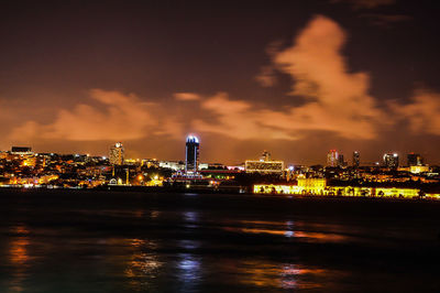 Illuminated city by river against sky at night