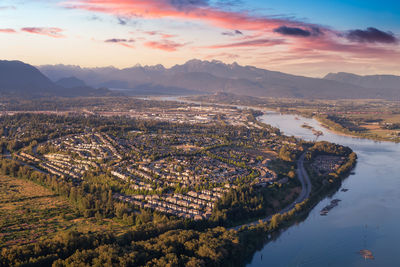 High angle view of landscape against sky during sunset