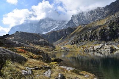 Lake against rocky landscape