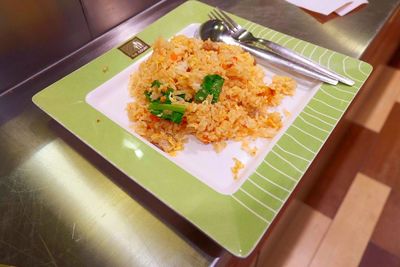 High angle view of food served in plate