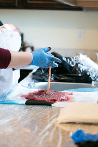 Gloved hands holding umbilical cord attached to placenta.