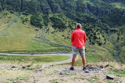 Rear view of man walking on mountain