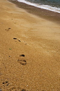 Footprints on sand at beach