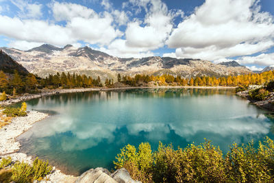 Scenic view of lake and mountains against sky