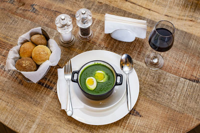 High angle view of breakfast served on table