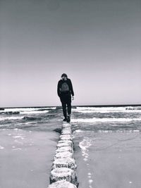 Rear view of man on beach against clear sky