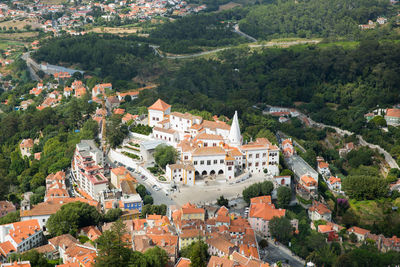 High angle view of buildings in town