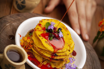 High angle view of breakfast served on table
