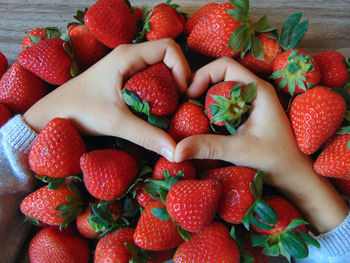 High angle view of strawberries on table