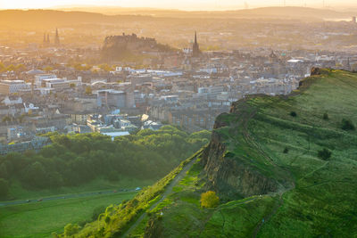 High angle view of townscape against sky at sunset