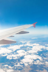 Aerial view of airplane flying in sky