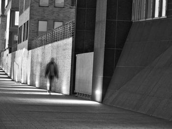 Rear view of man walking on steps