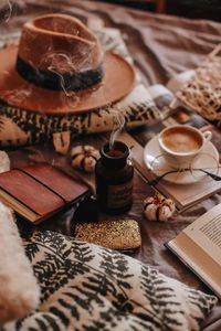 High angle view of coffee on table