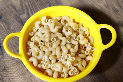 High angle view of pasta in bowl on table
