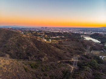 High angle view of cityscape during sunset