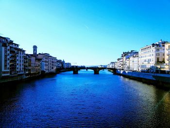 Arch bridge over river amidst buildings in city against clear blue sky