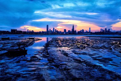 City at waterfront during sunset