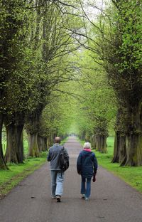 Rear view of woman walking on footpath