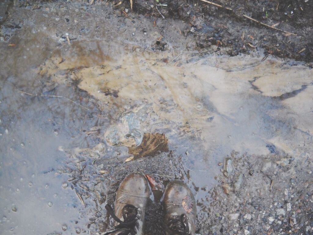 low section, water, person, high angle view, personal perspective, shoe, human foot, standing, lifestyles, beach, leisure activity, reflection, sand, unrecognizable person, puddle, nature, men