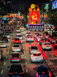 High angle view of traffic on road at night