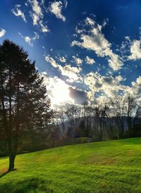 Scenic view of grassy field against cloudy sky