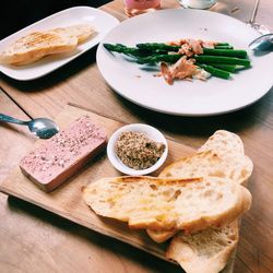 High angle view of breakfast served on table